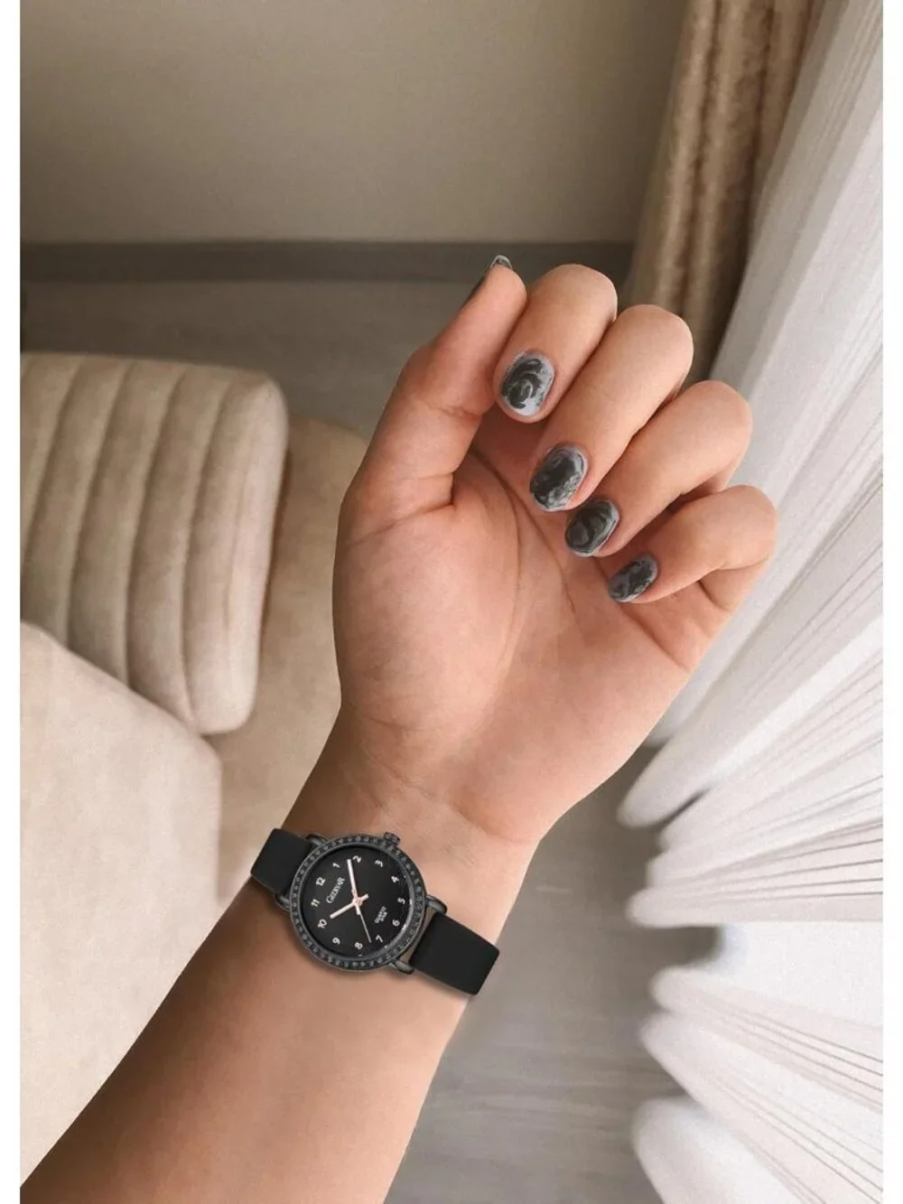 Women's All Black Analog Quartz Crystal Rhinestone Bezel Waterproof Wrist Watch